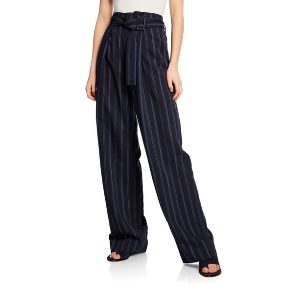 Vince Women’s Dobby Stripe Belted Wide Leg Pants Navy Blue High Waist 4 - Picture 1 of 8